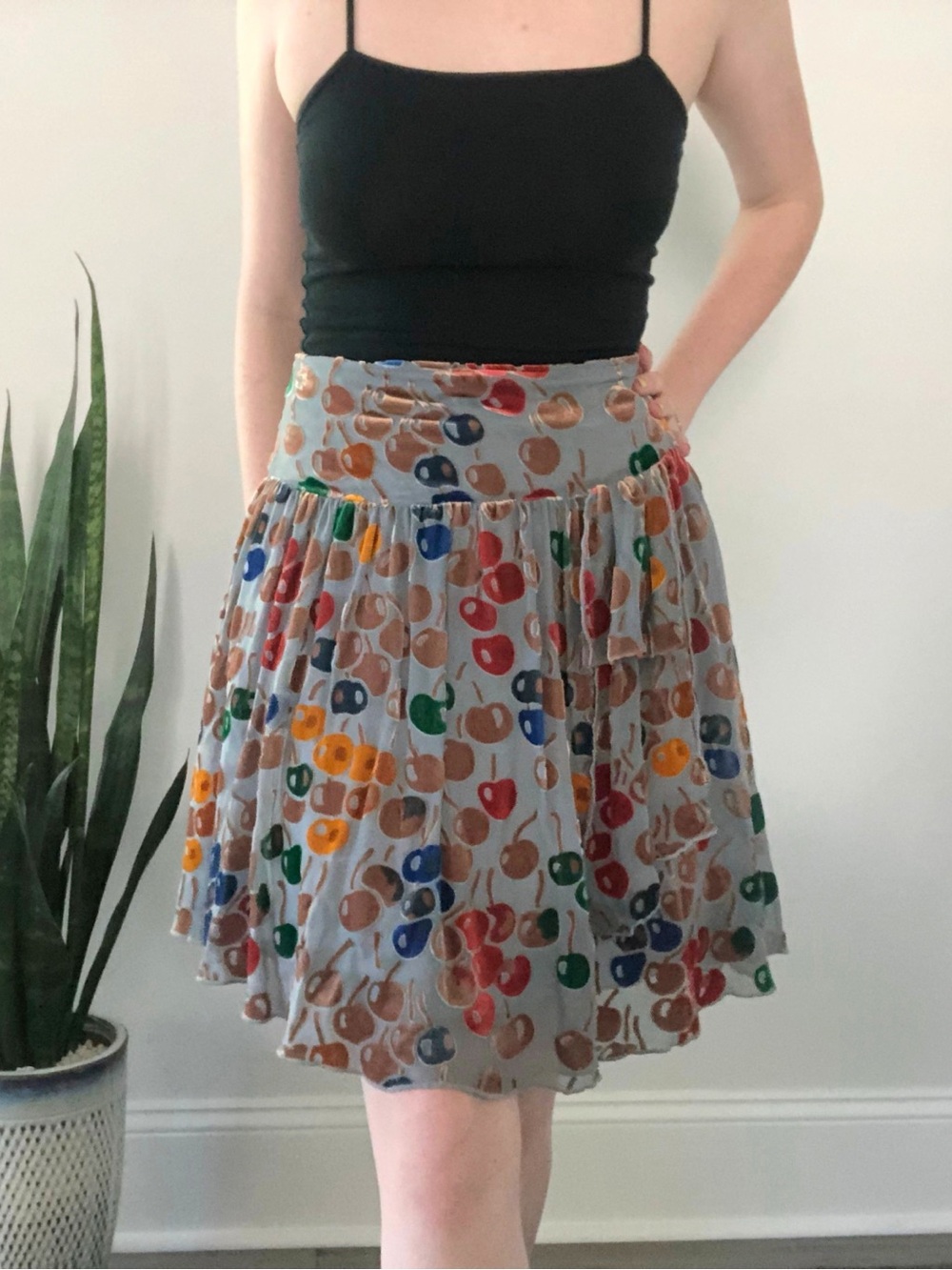 Vintage Y2K Early 2000s Free People Velvet Cherries Silk Blend Skirt